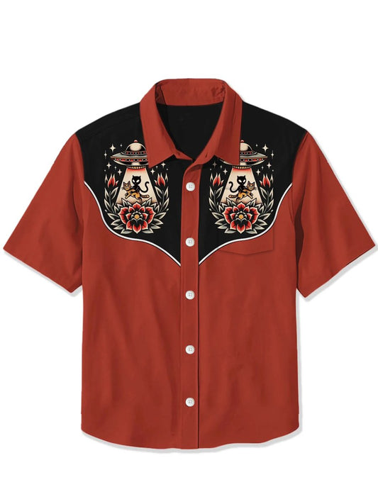 Men's cotton and linen alien cat short-sleeved shirt