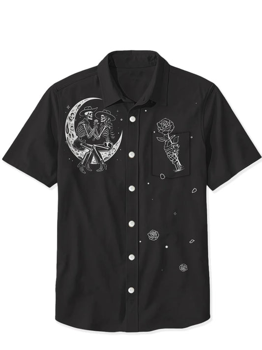 Men's cotton and linen Skull and Roses print short-sleeved shirt