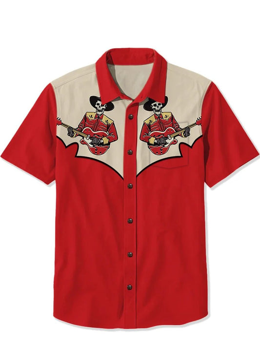 Men's Cotton and Linen Skull Western Short Sleeve Shirt