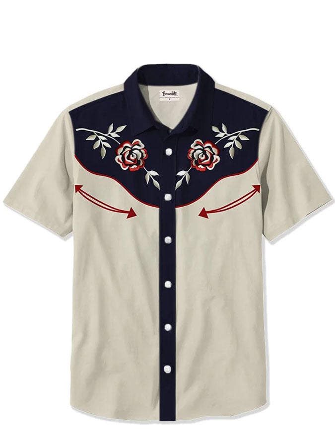 Men's Western Retro Rose Cowboy Print Casual Shirt