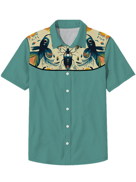 Men's Lapel Insect Fish Bird Animal Denim Western Style Short Sleeve Shirt