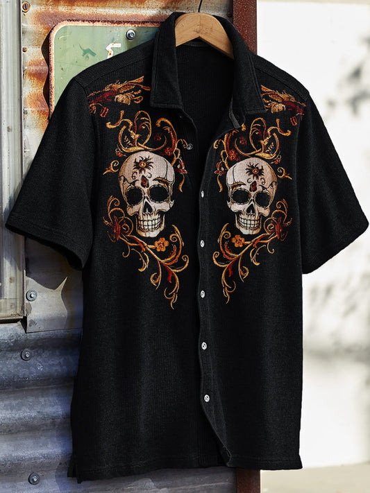 Men's Western Vintage Print Waffle Short Sleeve Shirt