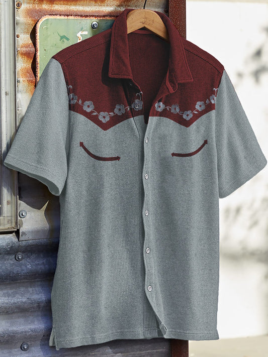 Men's Western Vintage Print Waffle Short Sleeve Shirt