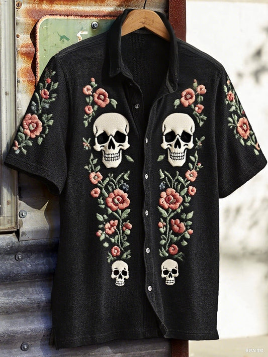 Men's Western Vintage Print Waffle Short Sleeve Shirt