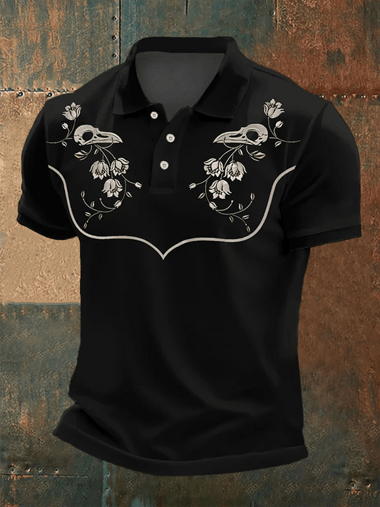 Men's Retro Western Flower And Raven Skull Print Casual POLO Short Sleeve T-Shirt