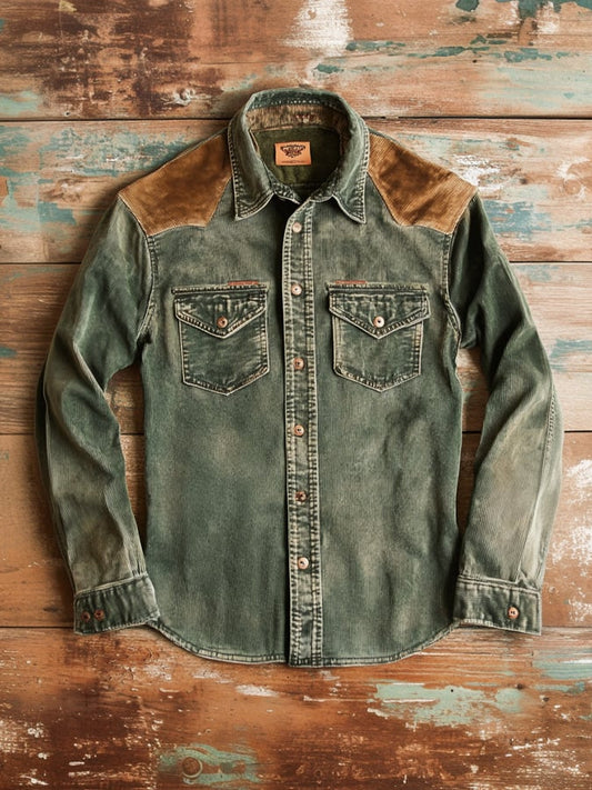 Men's Vintage Distressed Twill Double Pocket Short Sleeve Shirt