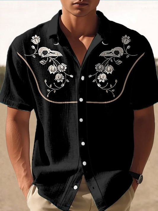 Men's Retro Western Contrast Design Printed Casual Waffle Shirt