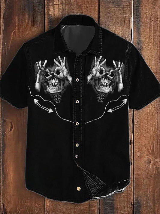 Men's Retro Western Skull Graphic Casual Short Sleeve Shirt