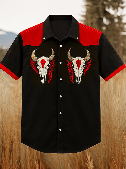 Men's 100% Cotton Western Short Sleeve Button-Down Lapel Shirt