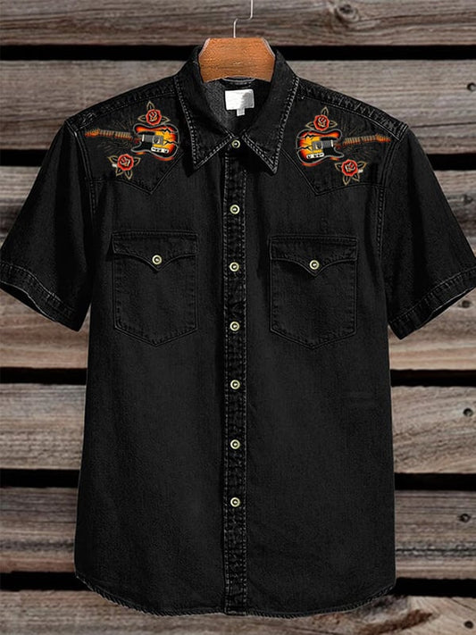 Men's Western Vintage Floral Double Pocket Short Sleeve Shirt