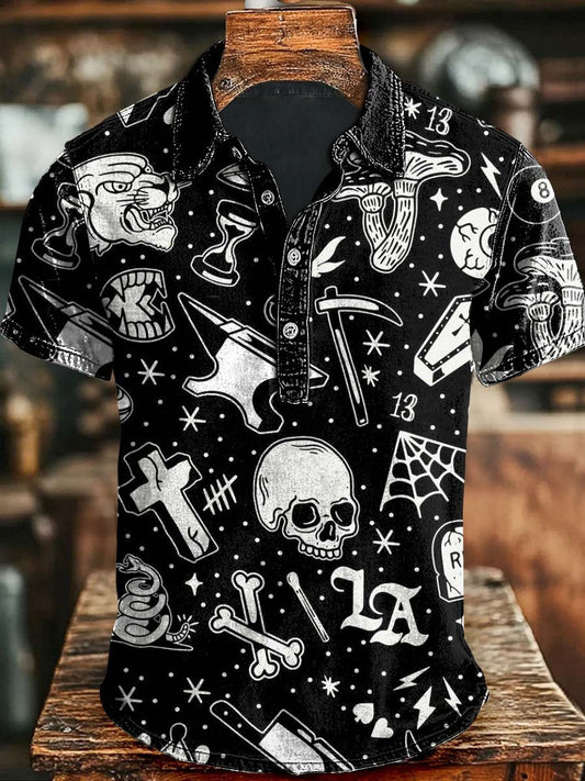 Men's Casual Retro Western Halloween Dark Button Polo