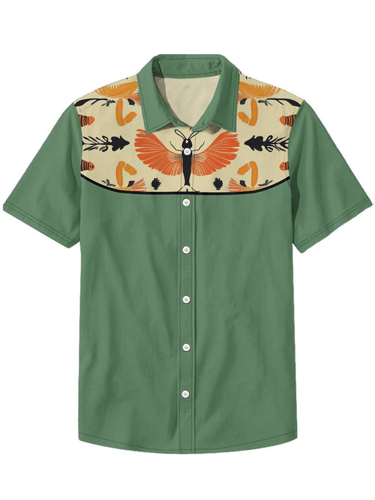 Men's Lapel Insect Fish Bird Animal Denim Western Style Short Sleeve Shirt
