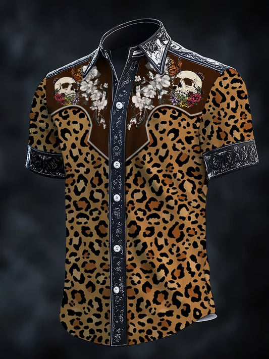 Men's Retro Western Skull Leopard Print Short Sleeve Shirt