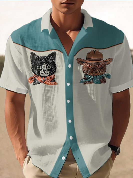 Men's Retro Western Contrast Design Printed Casual Waffle Shirt