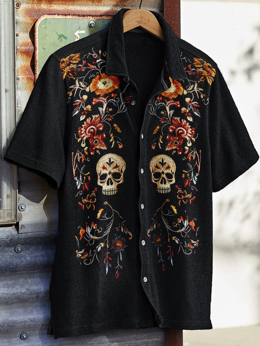 Men's Western Vintage Print Waffle Short Sleeve Shirt