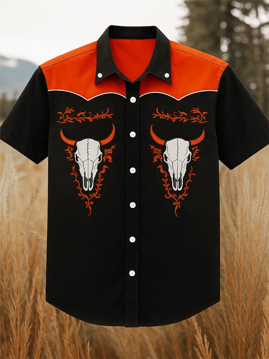 Men's 100% Cotton Western Short Sleeve Button-Down Lapel Shirt