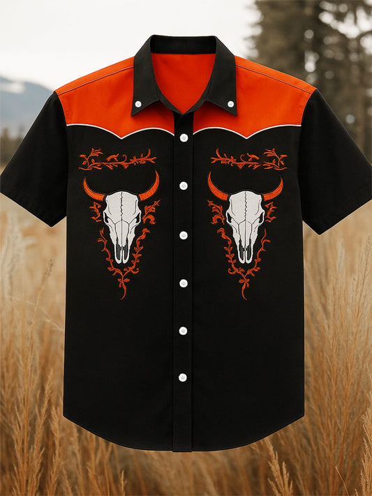 Men's 100% Cotton Western Short Sleeve Button-Down Lapel Shirt