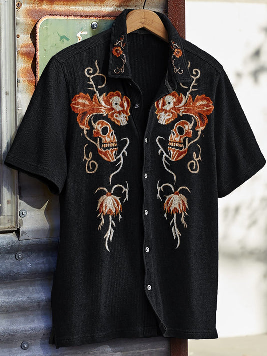 Men's Western Vintage Print Waffle Short Sleeve Shirt