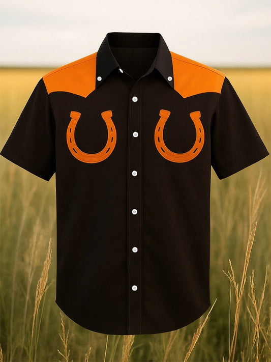 Men's 100% Cotton Western Short Sleeve Button-Down Lapel Shirt