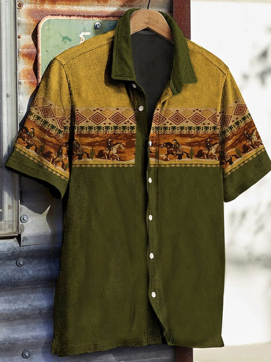 Men's Western Vintage Print Waffle Short Sleeve Shirt
