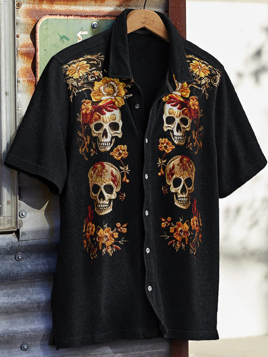 Men's Western Vintage Print Waffle Short Sleeve Shirt
