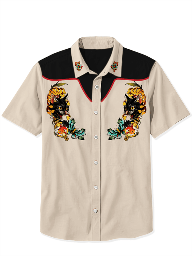 Men's Western Retro Tiger Tattoo Short Sleeve Shirt