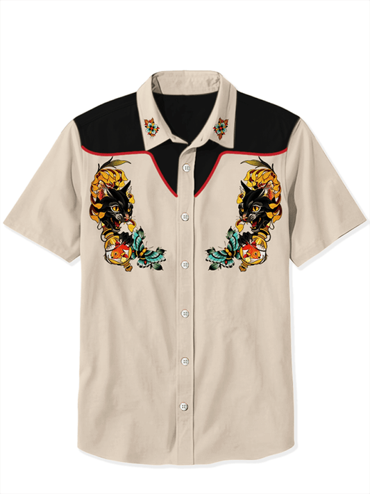 Men's Western Retro Tiger Tattoo Short Sleeve Shirt