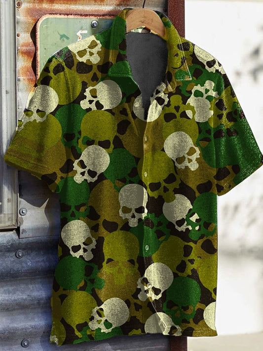 Woven Men's Vintage Western Camouflage Skull Print Waffle Shirt