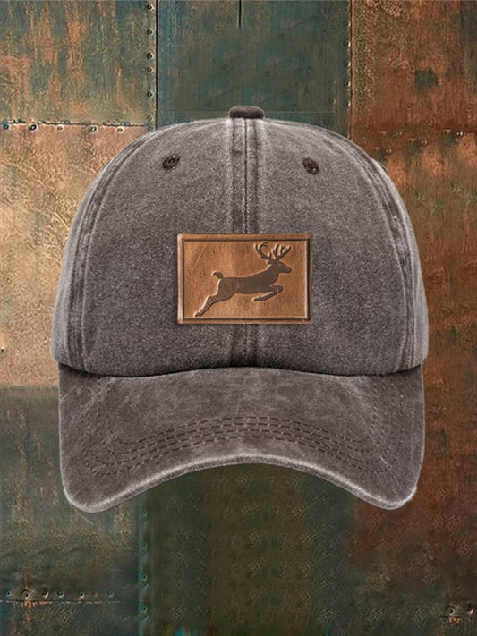 Unisex Distressed Washed Cotton Elk Print Hat