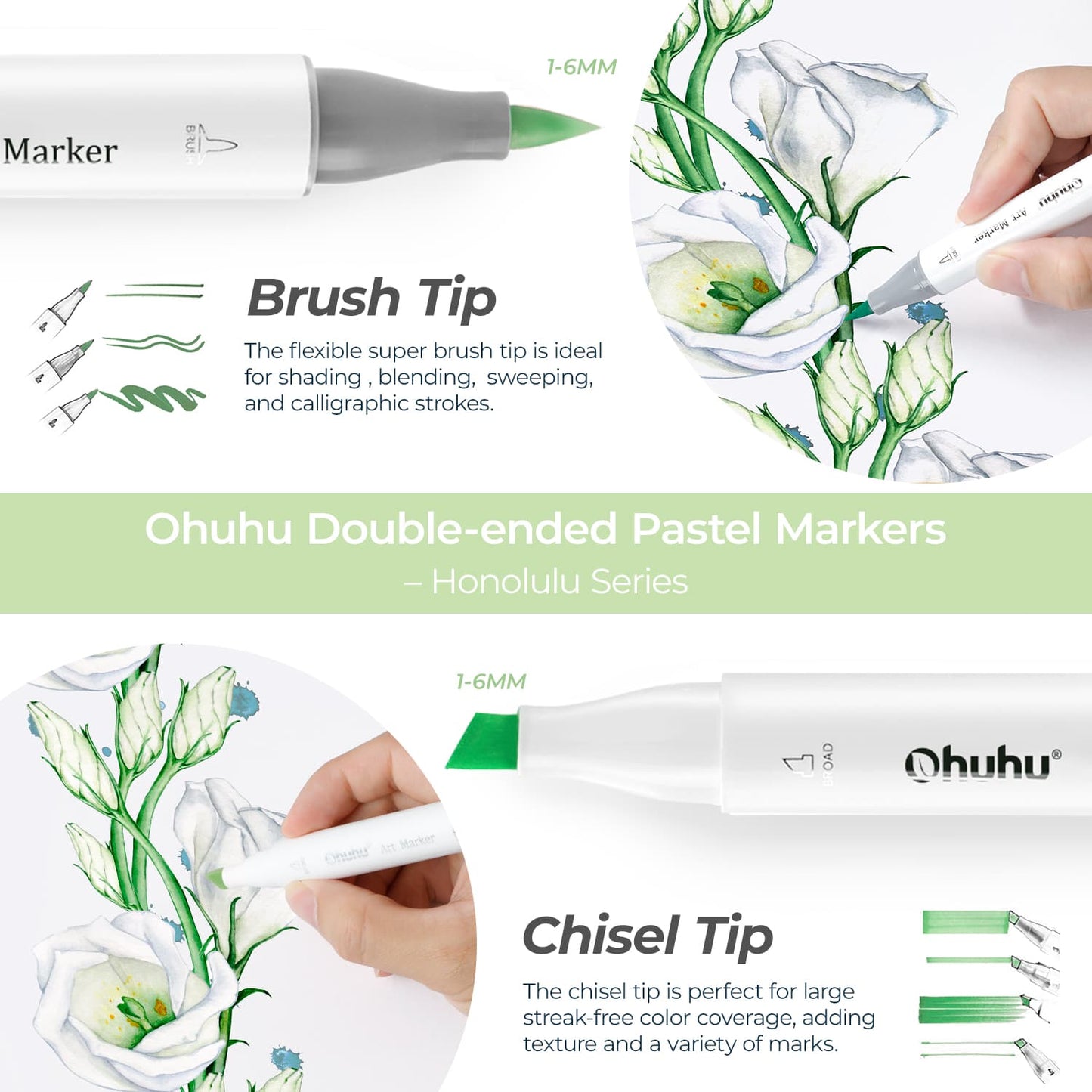 Ohuhu Honolulu New 48 Pastel Colors Dual Tips Alcohol Art Markers - Blossoming