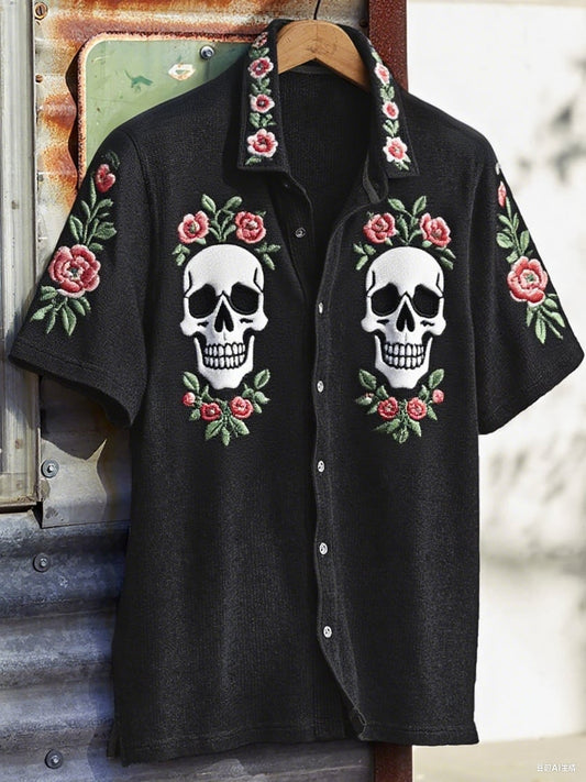 Men's Western Vintage Print Waffle Short Sleeve Shirt