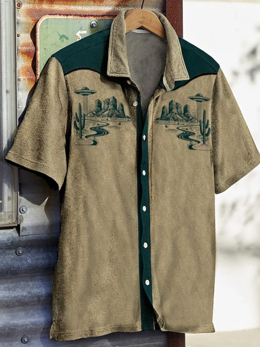 Men's Western Vintage Print Waffle Short Sleeve Shirt