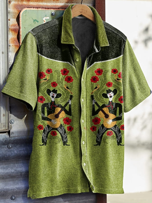 Men's Vintage Western Print Waffle Shirt