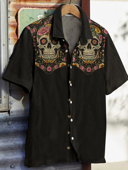 Men's Western Vintage Ethnic Print Waffle Short Sleeve Shirt