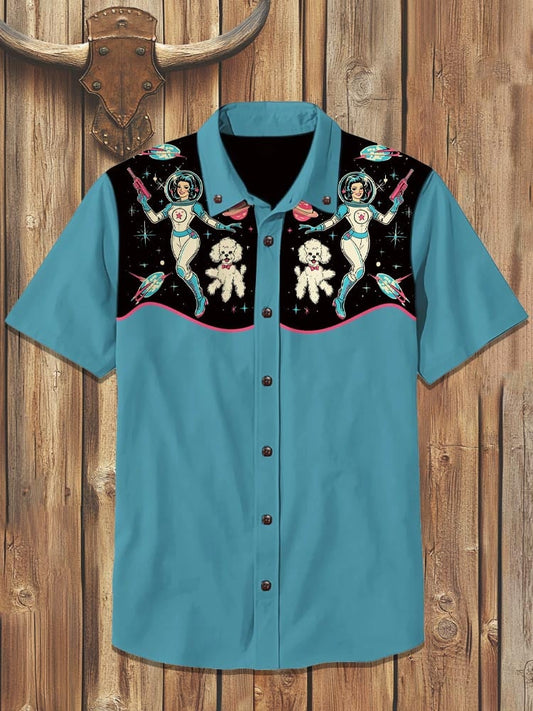 Men's cotton and linen western short-sleeved shirt