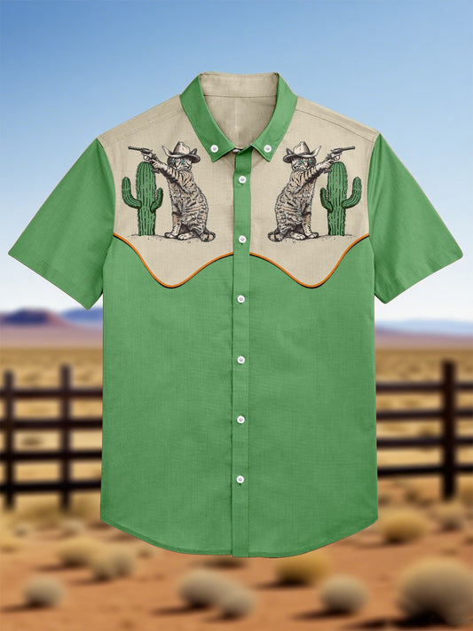 Men's 100% Cotton Western Short Sleeve Button-Down Lapel Shirt