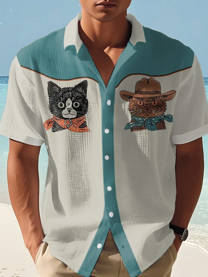Men's Retro Western Contrast Design Printed Casual Waffle Shirt