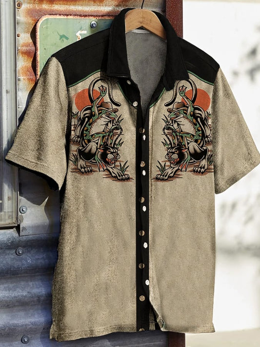 Men's Western Vintage Ethnic Print Waffle Short Sleeve Shirt