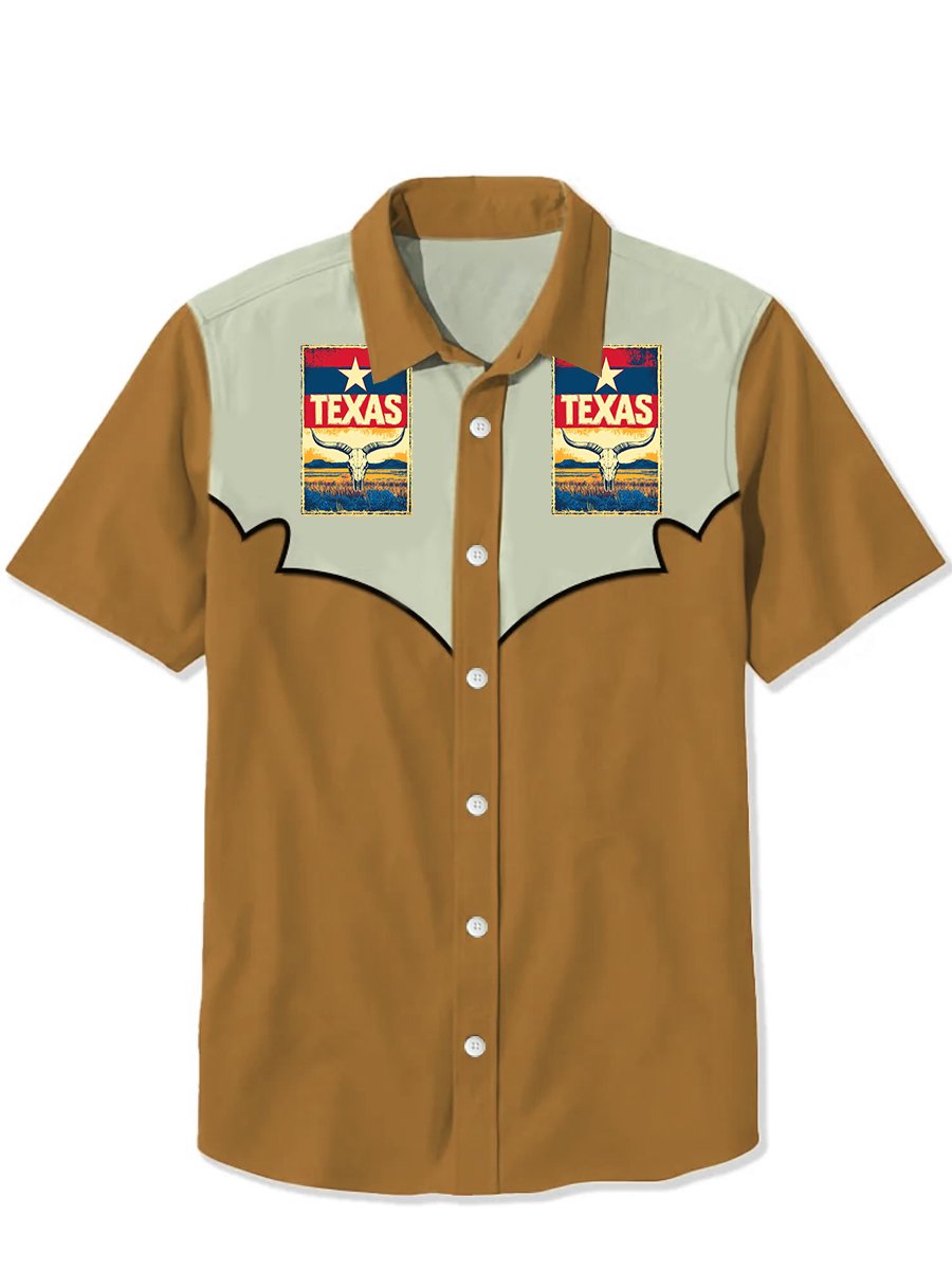 Men's Western Casual (Texas Print) Lapel Short Sleeve Shirt