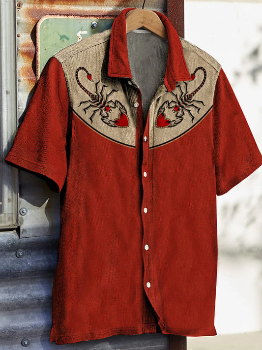 Men's Western Vintage Print Waffle Short Sleeve Shirt