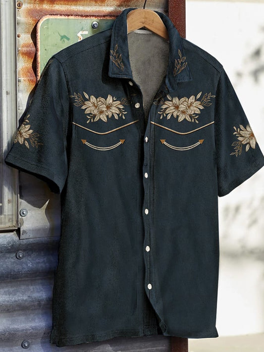 Men's Western Vintage Print Waffle Short Sleeve Shirt
