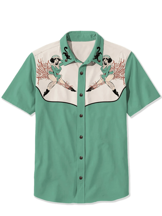 Men's cotton and linen western short-sleeved shirt
