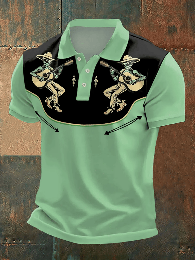 Men's Retro Western Alien Cowboy Play Guitar Print Casual POLO Short Sleeve T-Shirt