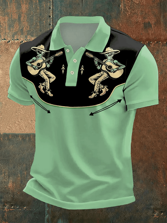 Men's Retro Western Alien Cowboy Play Guitar Print Casual POLO Short Sleeve T-Shirt
