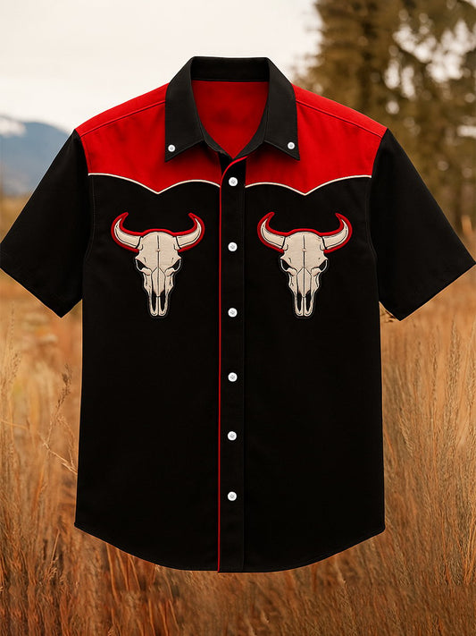 Men's 100% Cotton Western Short Sleeve Button-Down Lapel Shirt