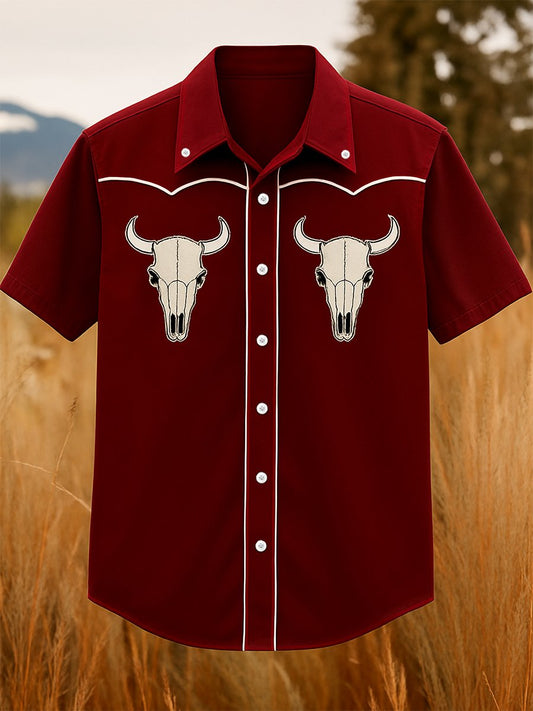 Men's 100% Cotton Western Short Sleeve Button-Down Lapel Shirt