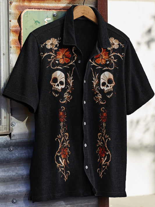 Men's Western Vintage Print Waffle Short Sleeve Shirt