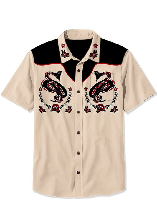 Men's Cotton and Linen Retro Casual Floral Western Short Sleeve Shirt