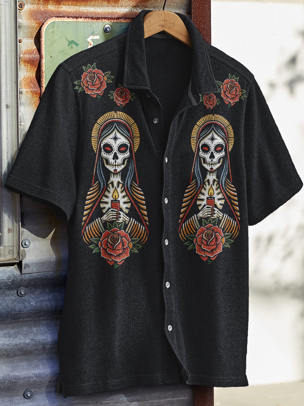 Men's Western Vintage Print Waffle Short Sleeve Shirt
