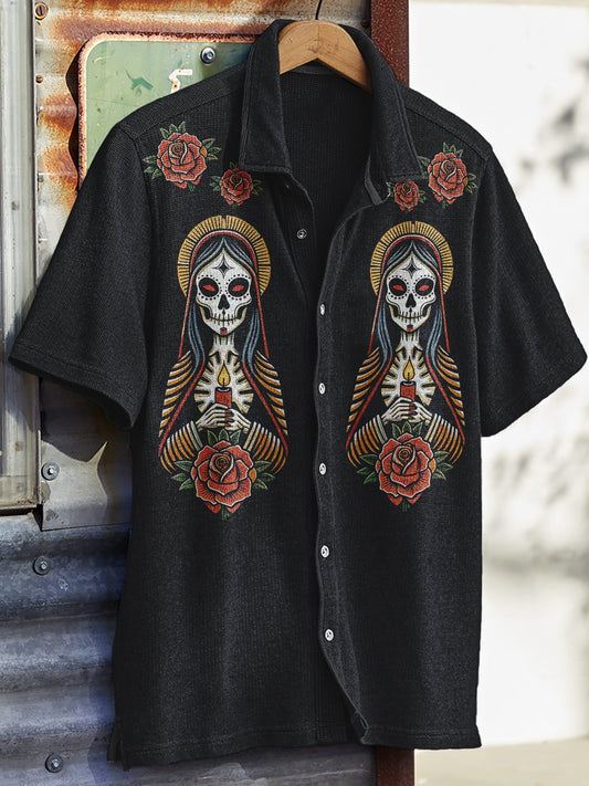 Men's Western Vintage Print Waffle Short Sleeve Shirt